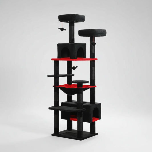 72-Inch Black and Red Cat Tree with Sisal Scratching Posts, Plush Hammock & Condos