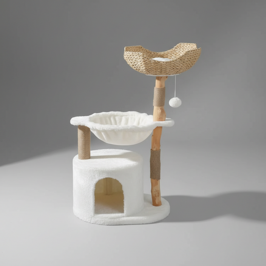 Wooly Cat Tower | Natural Wood Cat Tree for Large Cats with Wicker Basket