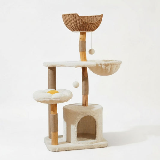 Luxe Cat Haven Tower | Solid Wood Cat Tree for Large Cats, Multi-Level Design